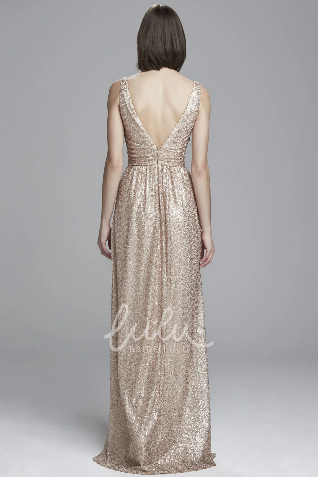 Ruched Sequin Bridesmaid Dress with Maxi Length and Sleeveless V-Neck Design