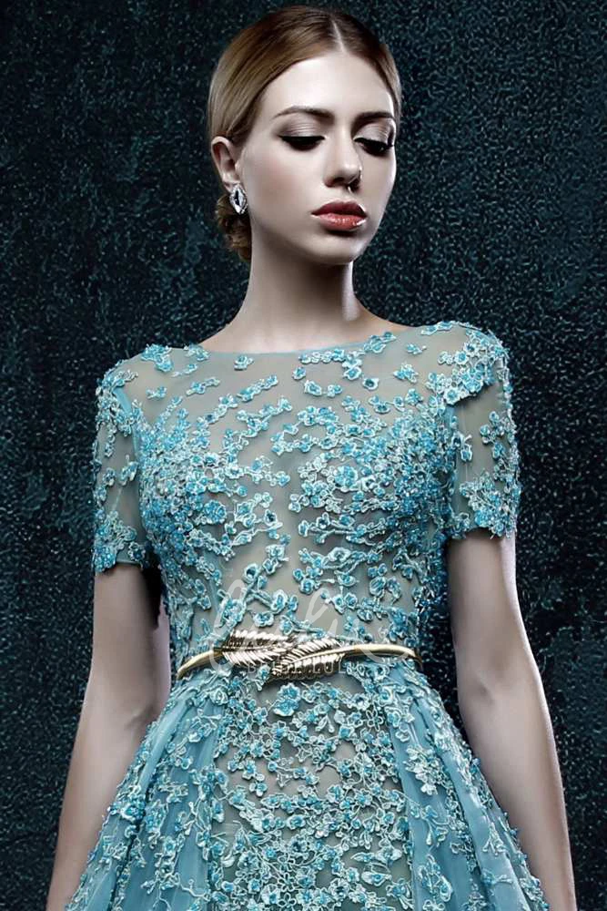 Pleated Organza A-line Dress with Flowers Short Sleeve