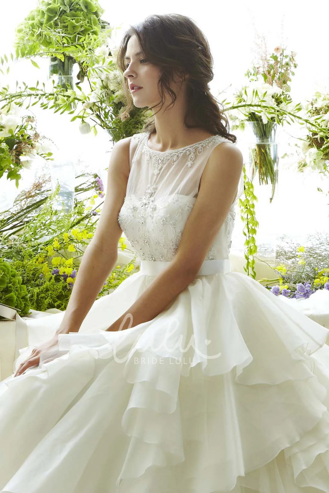 Organza Cascading-Ruffle Wedding Dress with Illusion Back and Beading A-Line Sleeveless
