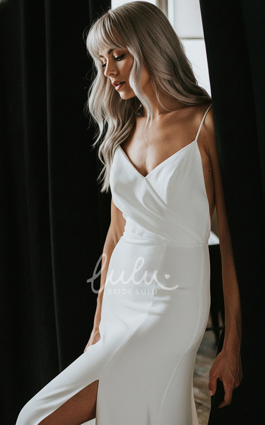 V-Neck Sheath Simple Spaghetti Wedding Dress Modern Backless Slit Bridal Gown