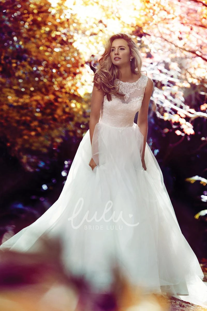 Ball-Gown Wedding Dress with Court Train and Illusion Back Sleeveless Appliqued Lace & Satin Dress