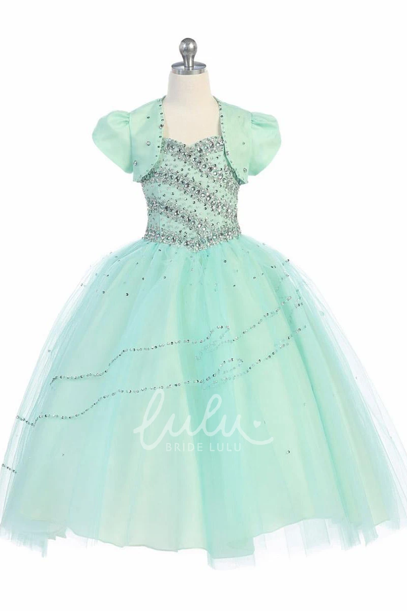 Tiered Tulle&Lace Flower Girl Dress with Bolero and Beading