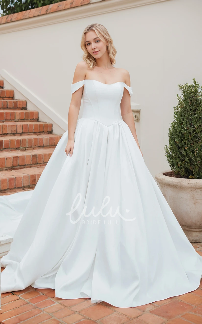 Elegant Vintage A-Line Off-the-shoulder Simple Solid Wedding Dress Satin Sleeveless V-Back Ball Gown