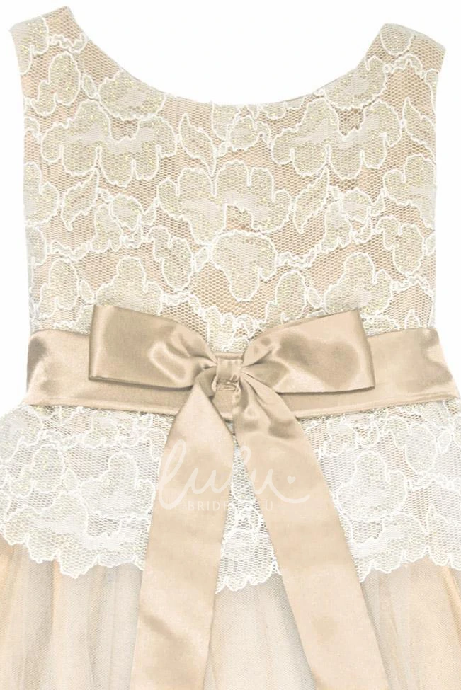 Bowed Tea-Length Tulle&Lace Flower Girl Dress Unique Bridesmaid Dress