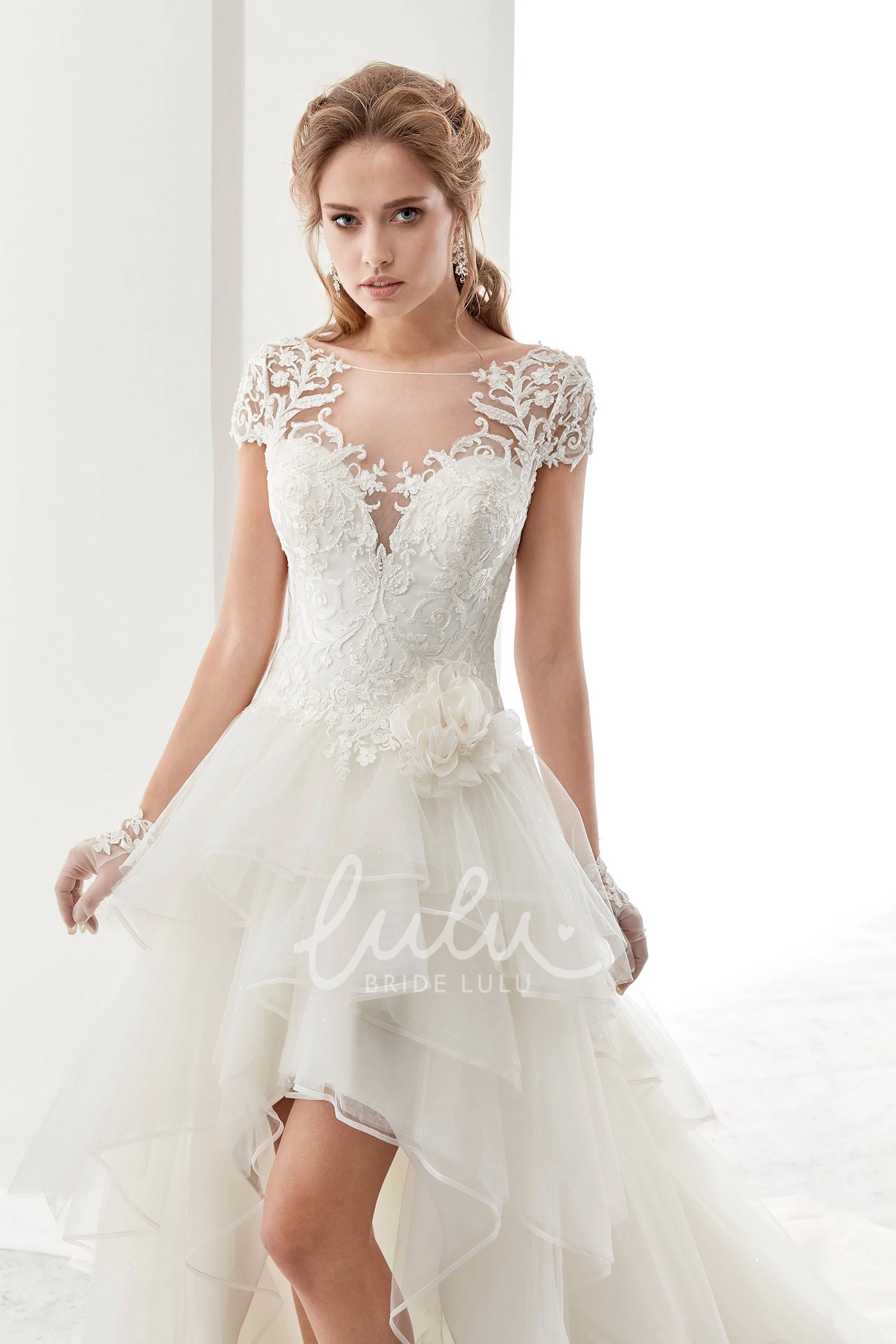 High-Low Bridal Gown with Ruffles and T-Shirt Sleeves Unique Wedding Dress