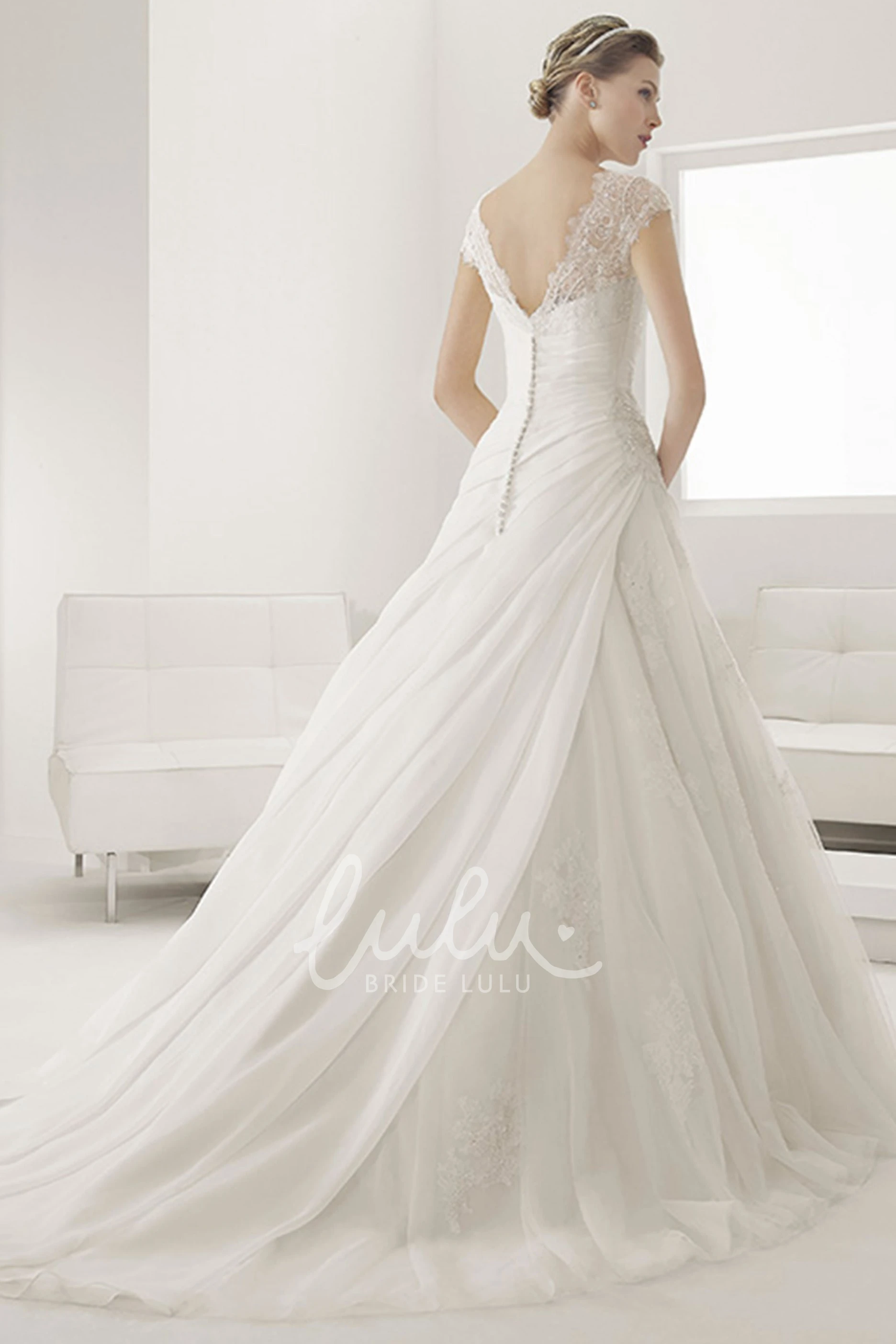 Cap Sleeve Lace Bridal Gown with Bateau Neckline and V-Back