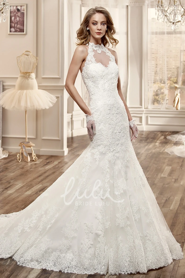 Lace Mermaid Wedding Dress with High Neck and Brush Train Elegant Bridal Gown