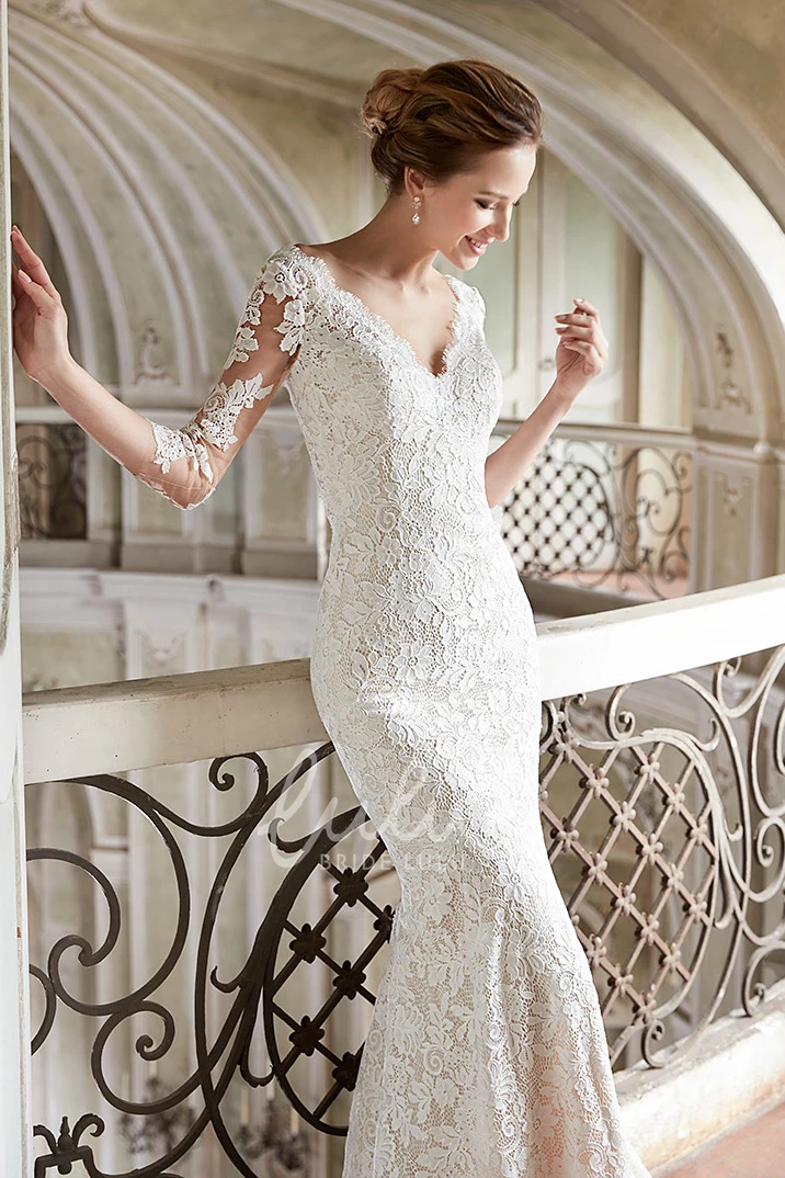 Sheath Lace Wedding Dress with V-Neck 3/4 Sleeves and Backless Design Unique Bridal Gown