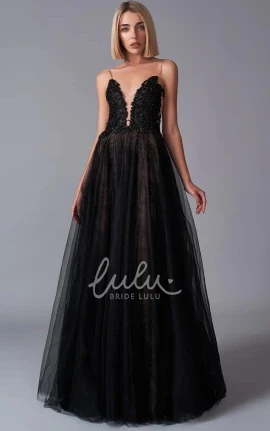 V-neck A Line Tulle Formal Dress with Brush Train and Ruching