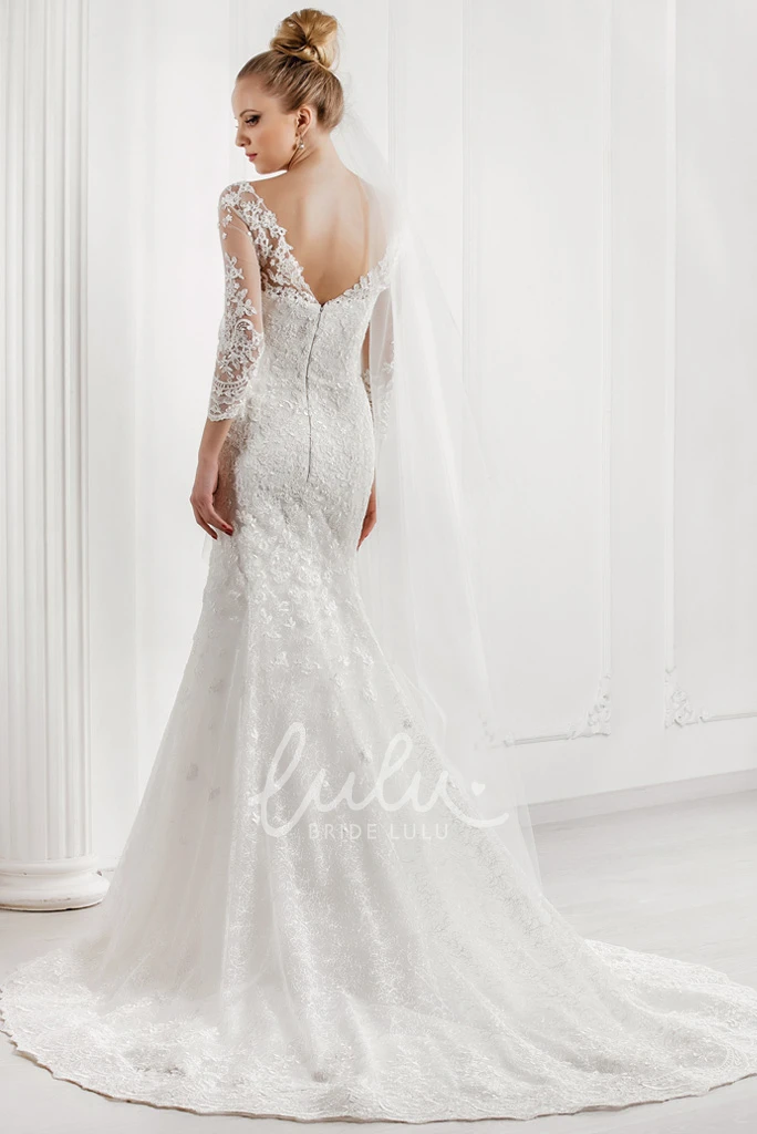 V-Neck Lace Wedding Dress with Court Train and 3/4 Sleeves Mermaid Bridal Gown