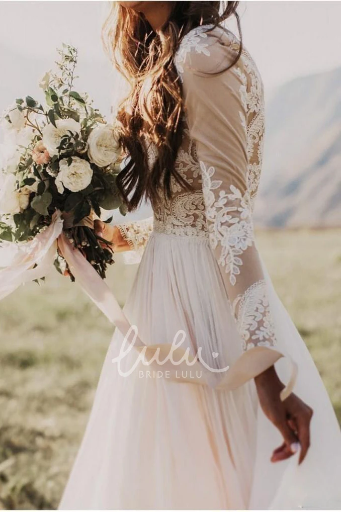 Bohemian Lace Applique Chiffon A-Line Wedding Dress Boho Bridal Gown
