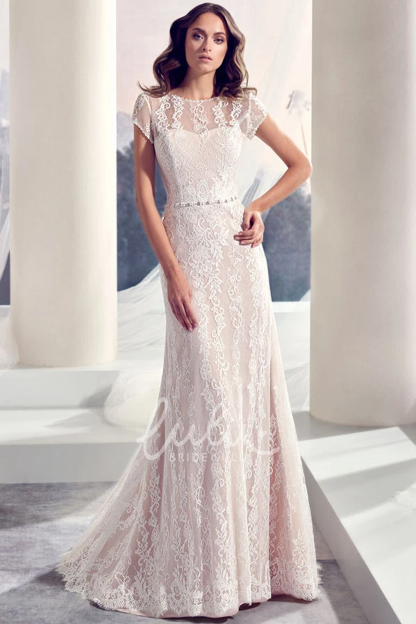 Scoop Cap-Sleeve Lace Wedding Dress with Jeweled Details and Brush Train