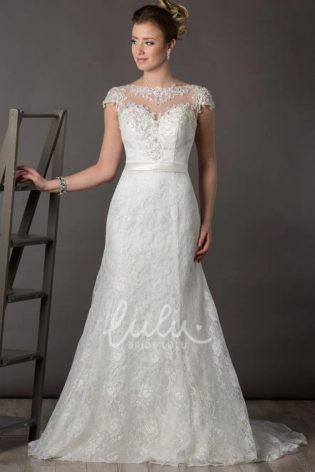 Bateau Lace Wedding Dress with Cap Sleeves Satin Sash and Keyhole Back