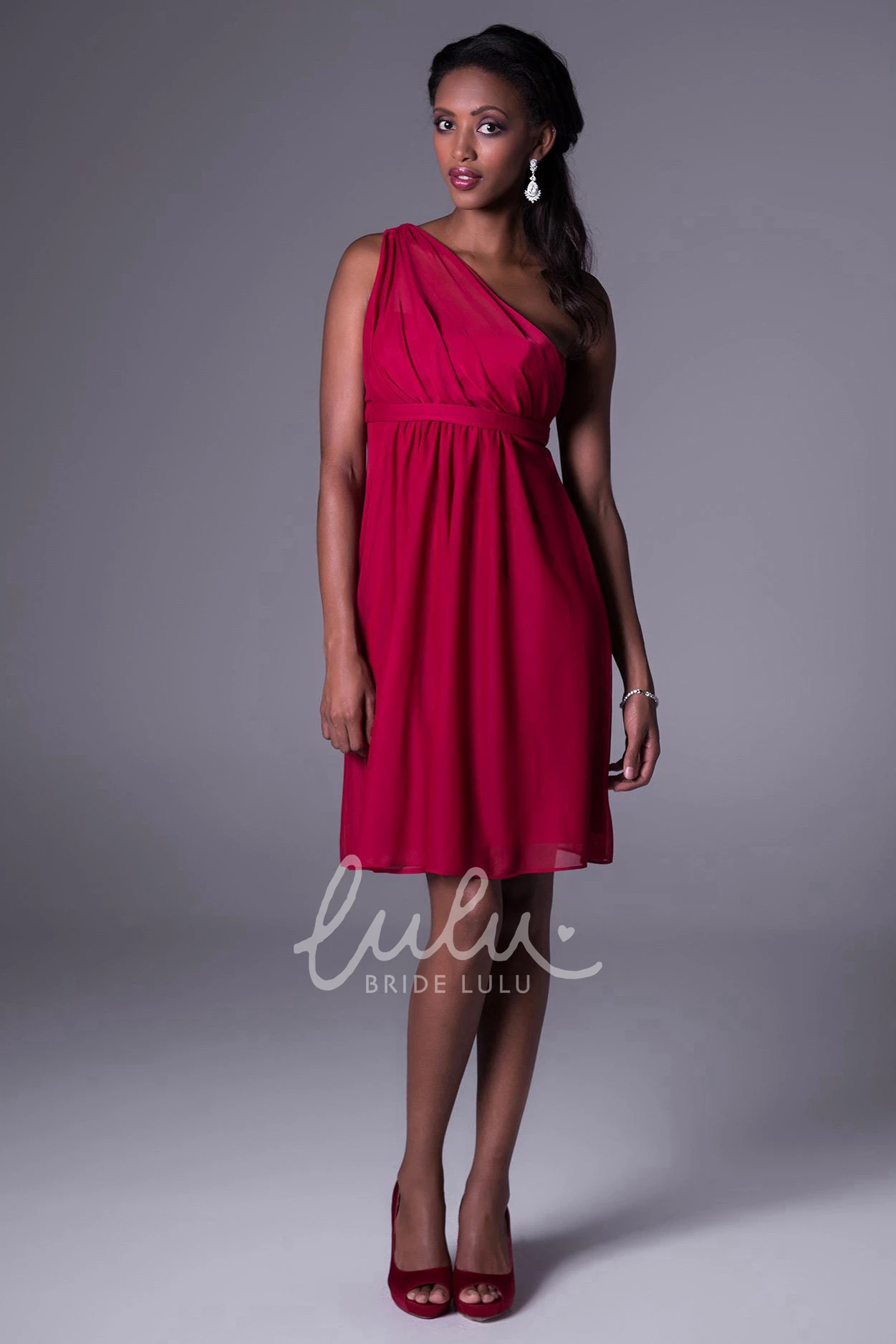 Short Sleeveless Empire One-Shoulder Chiffon Bridesmaid Dress with Ruching and Zipper