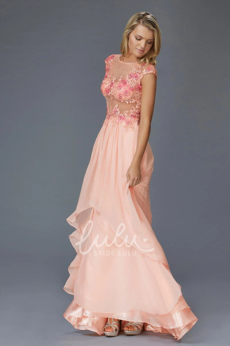 A-Line Chiffon Applique Formal Dress with Cap Sleeves and Illusion Neckline