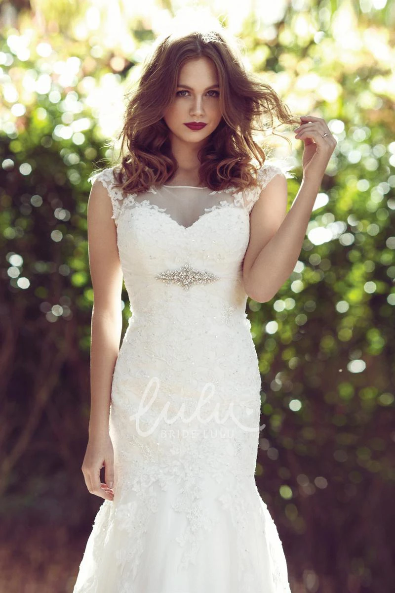 Jeweled Lace Warm Wedding Dress with Illusion Cap-Sleeves and Scoop-Neck Trumpet Maxi