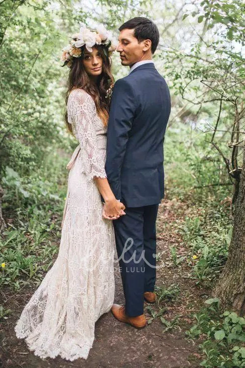 V-Neck Lace A-Line Wedding Dress with 3/4 Sleeves