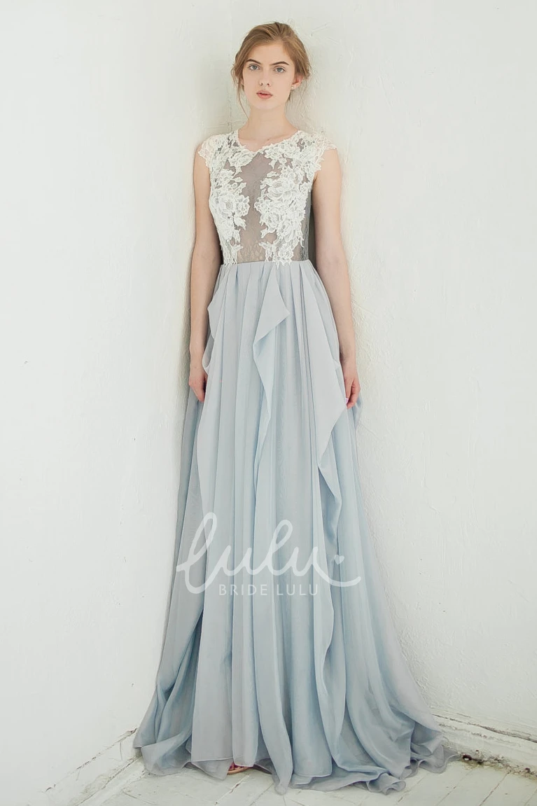 A-Line Chiffon Draped Dress with Lace Applique Top Sleeveless Jewel Neckline