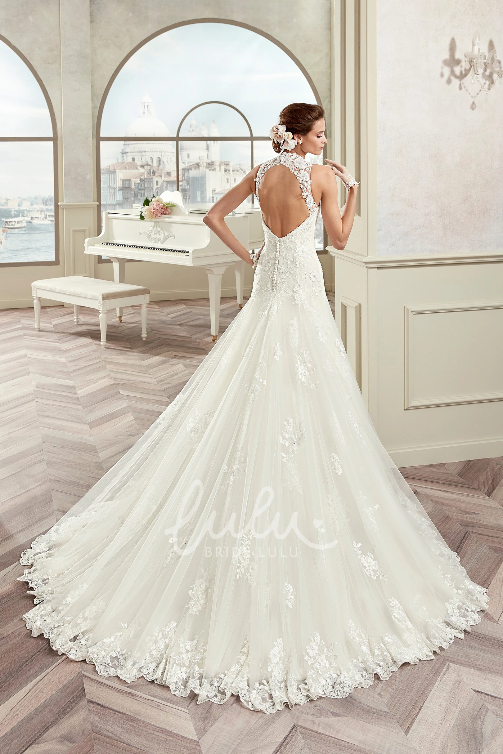 Illusion High-Neck Lace Sheath Wedding Dress with Open Back