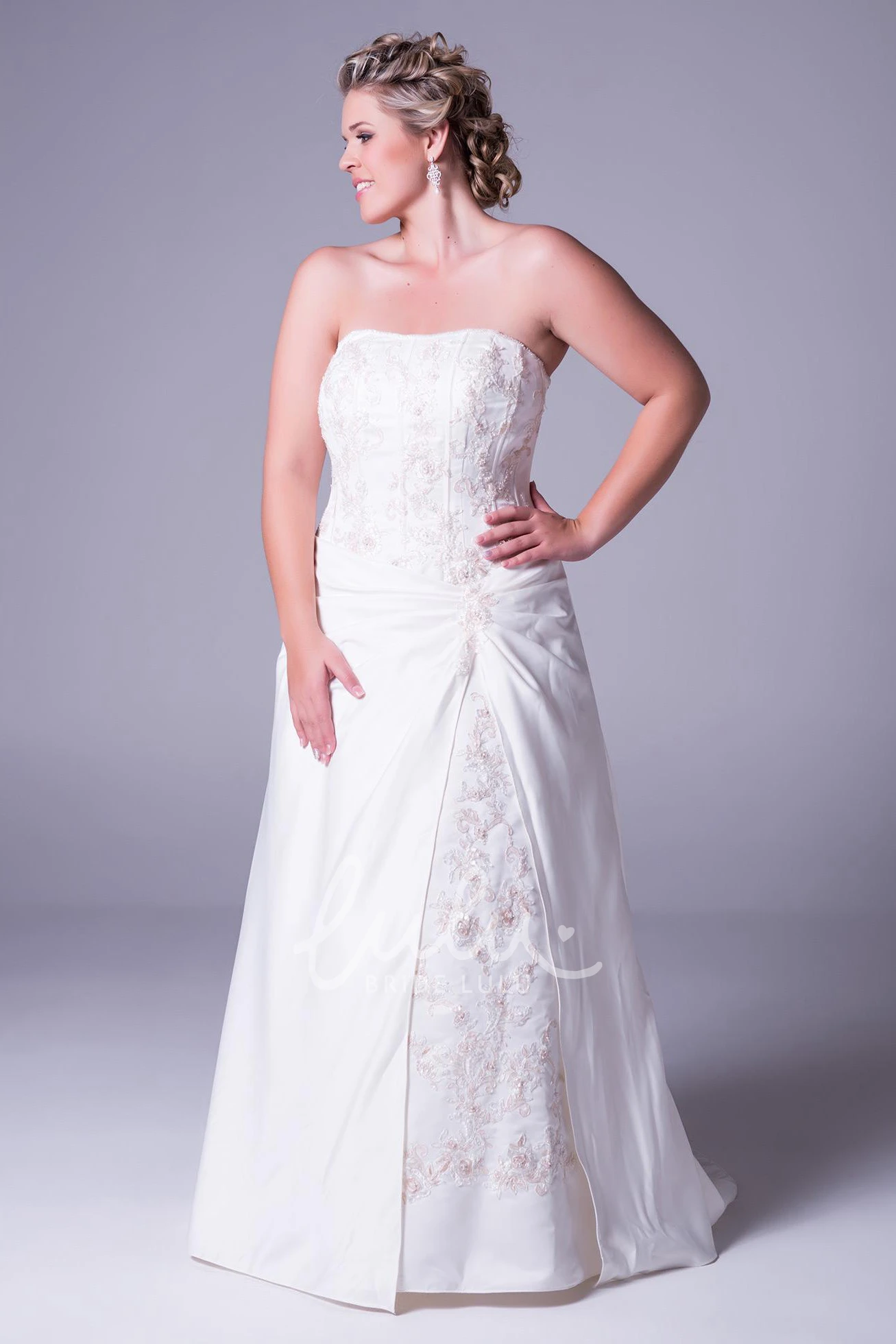 Embroidered Taffeta Plus Size Wedding Dress with Corset Back and Floor-Length Train