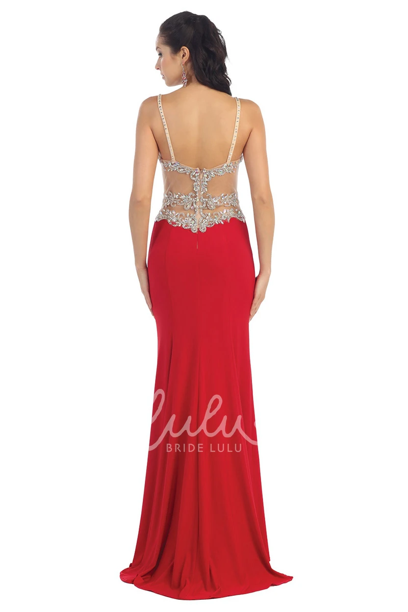 Spaghetti Strap Sheath Jersey Formal Dress with Illusion and Beading