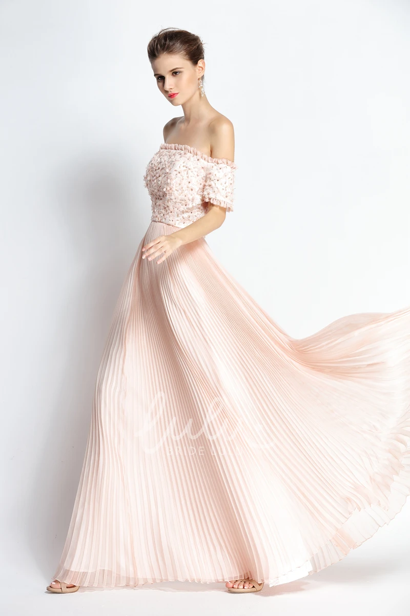 A-Line Off-the-shoulder Chiffon Prom Dress with Beading Knee-length Short Sleeve