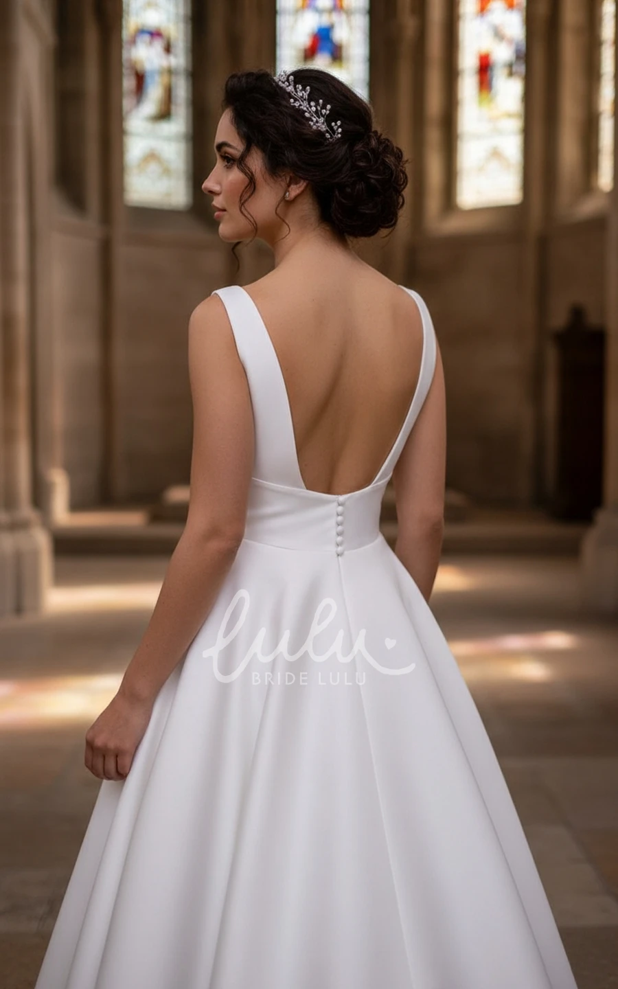 Minimalist A-Line Deep V-Neck Wedding Dress Sleeveless Informal Satin Bridal Gown