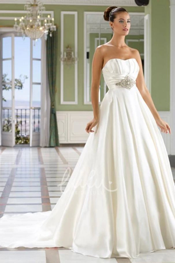 Satin Jeweled Wedding Dress with V-Back and Chapel Train Sweetheart Floor-Length