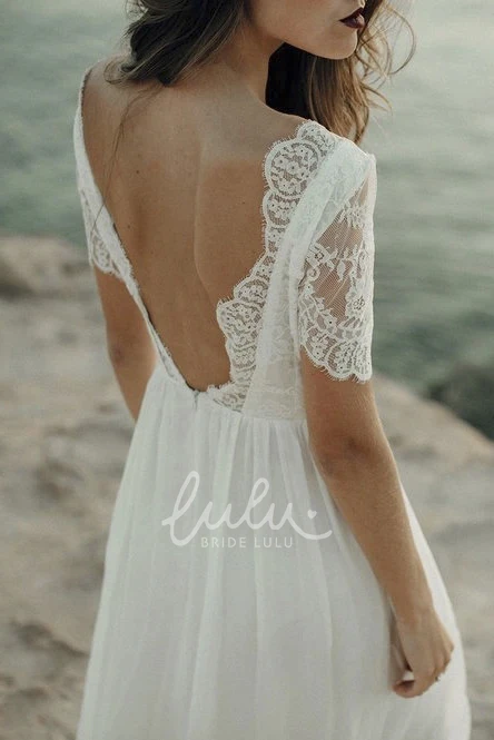 Bateau Sheath Bridal Gown with Short Sleeve and Lace Open Back Boho Wedding Dress