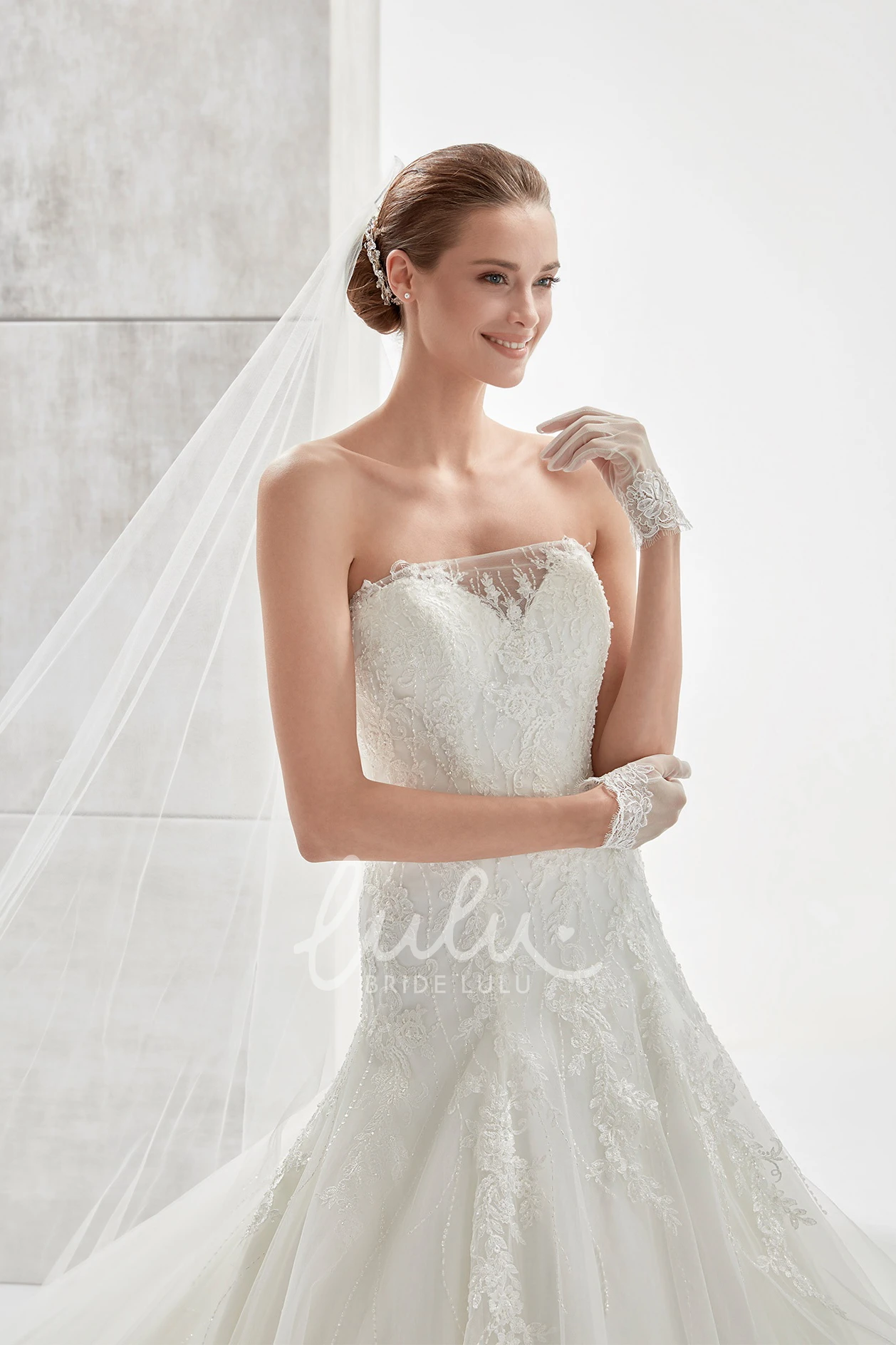 Lace Bodice A-line Wedding Dress with Asymmetrical Ruffles Elegant Wedding Dress