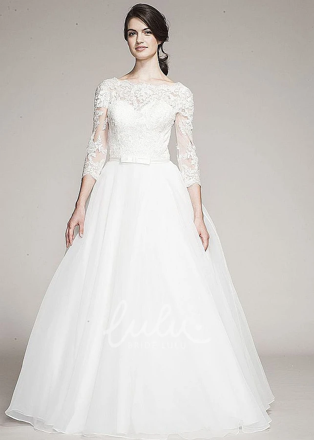 Organza Wedding Dress with Long Sleeves Ball Gown Bateau-Neck Style