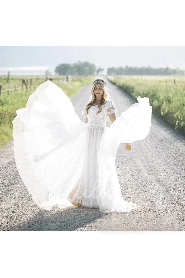 Bohemian Tulle Wedding Dress with Lace Appliques
