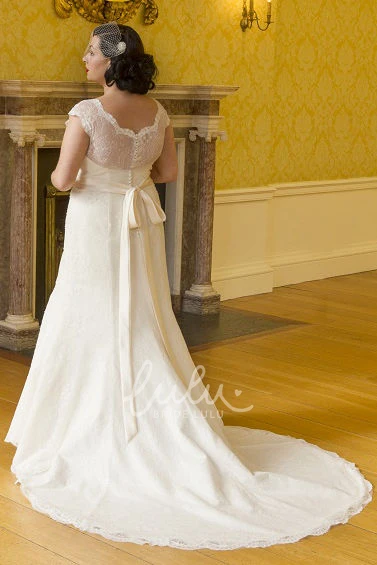 Scalloped V-Neck Lace Bridal Gown with Cap Sleeves and Satin Sash