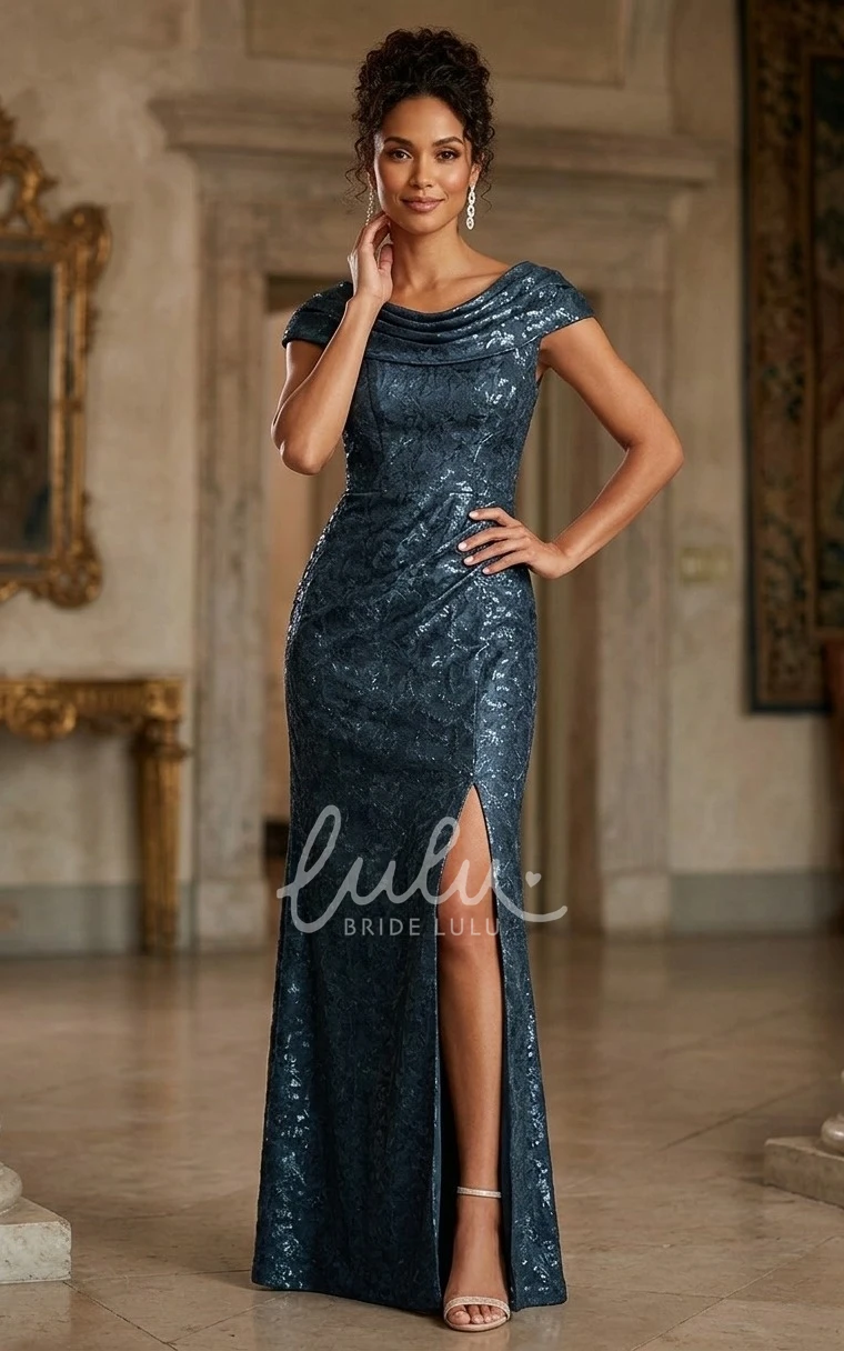 Elegant Mother of the Bride Dress Mermaid Jacquard Cap Sleeve Boat Neck Draped Neckline Long Evening Gown