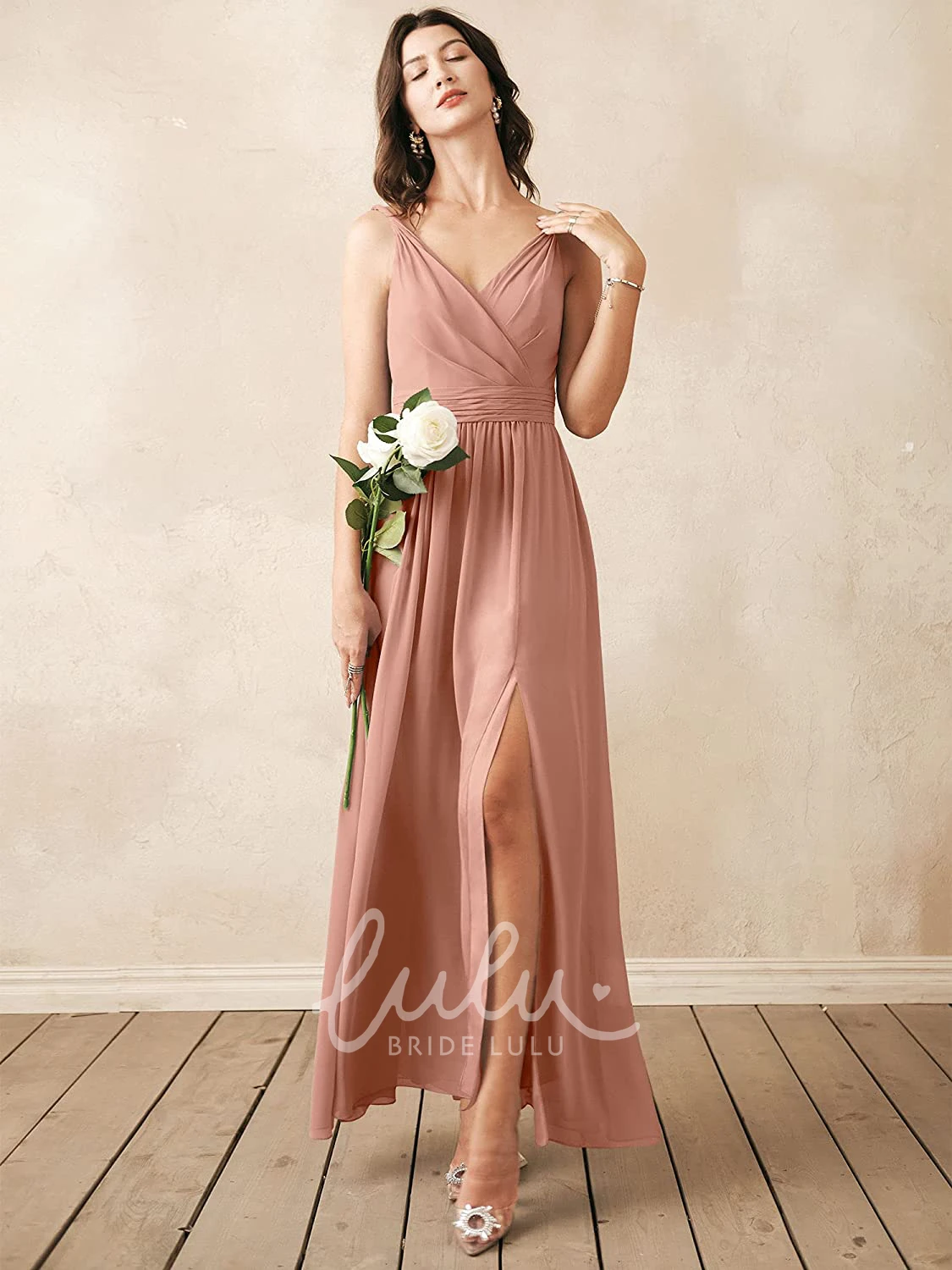 V-Neck Chiffon Ankle-Length Bridesmaid Dress with Ruching Sexy & Elegant