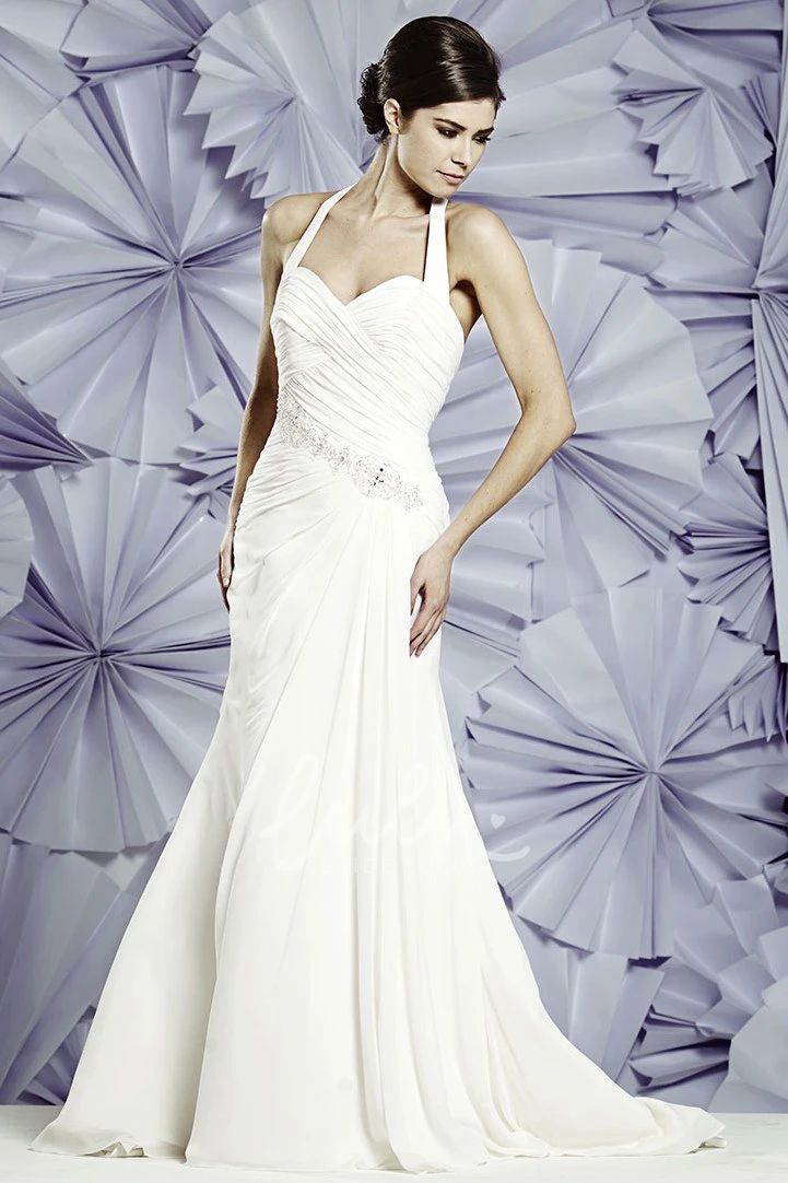 Sheath Haltered Sleeveless Chiffon Wedding Dress With Beading Elegant Wedding Dress
