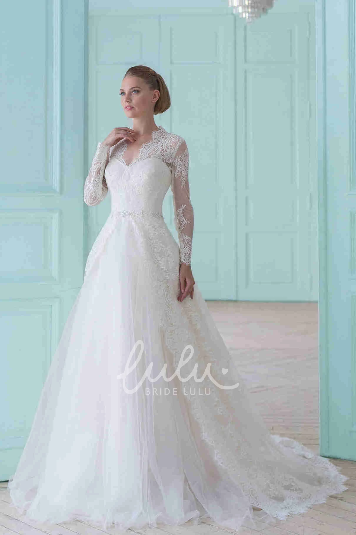 Long-Sleeve V-Neck Lace Wedding Dress with Court Train Modern and Chic