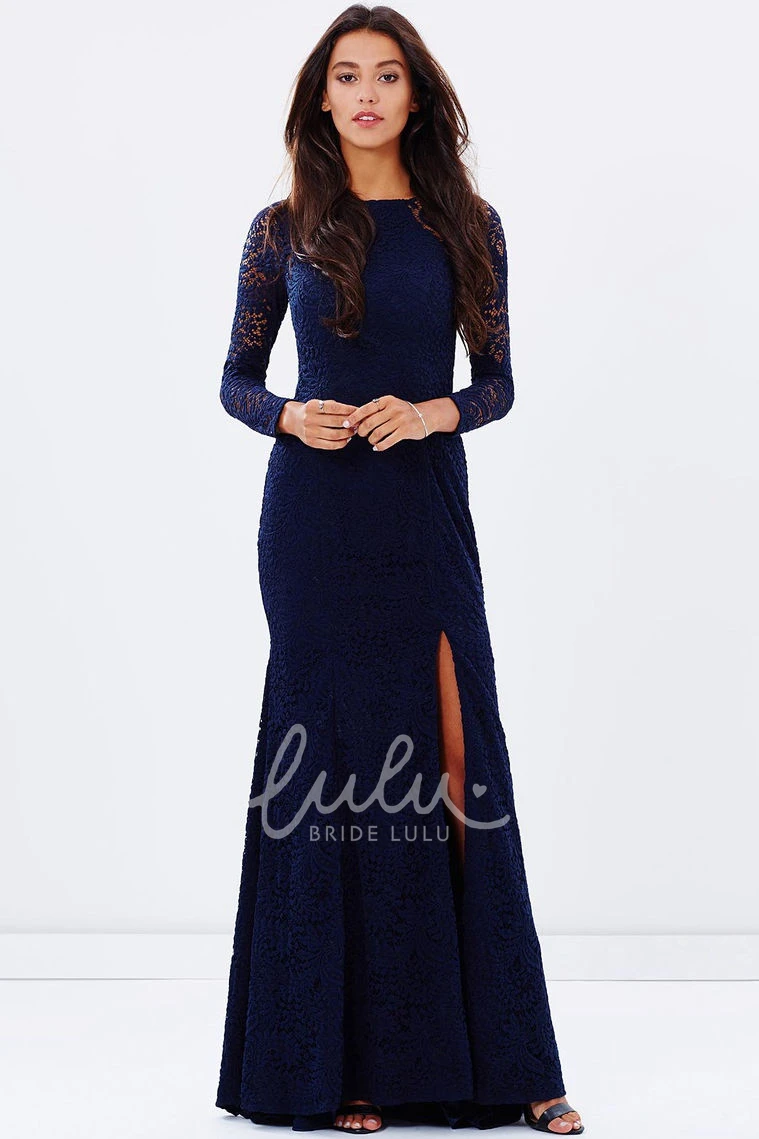 Lace Long Sleeve Jewel Neck Split-Front Bridesmaid Dress