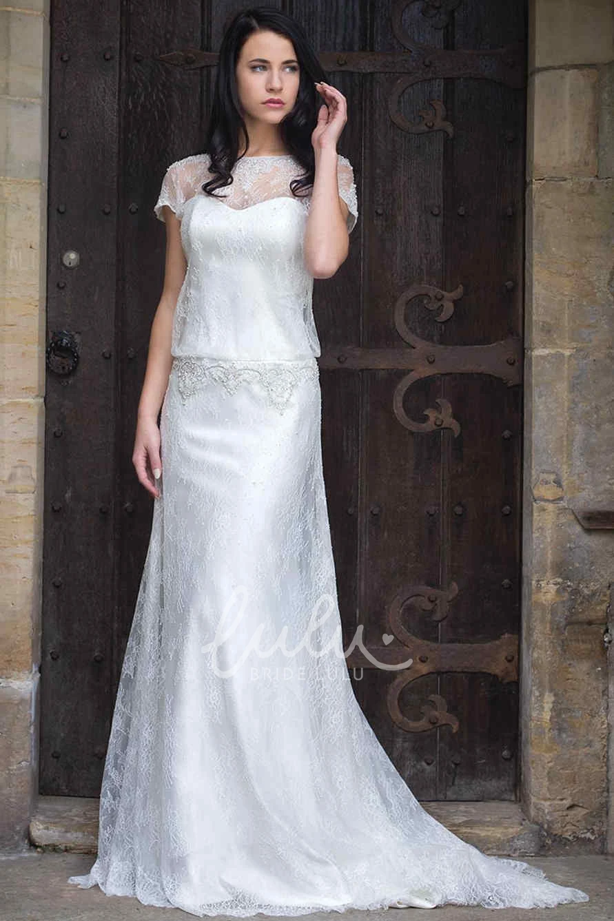 Beaded Lace Sheath Wedding Dress with T-Shirt Sleeves and Bateau Neckline