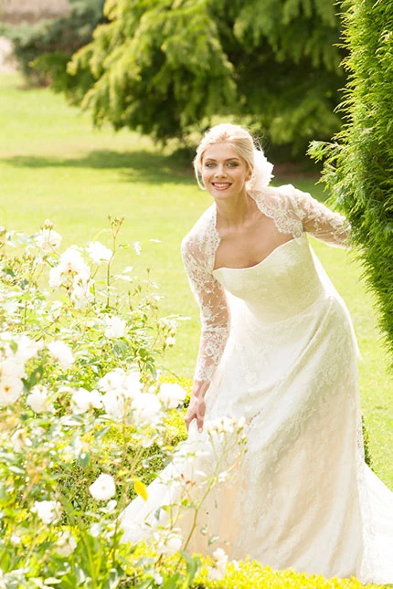 Appliqued Lace Wedding Dress with Long Sleeves Strapless Floor-Length