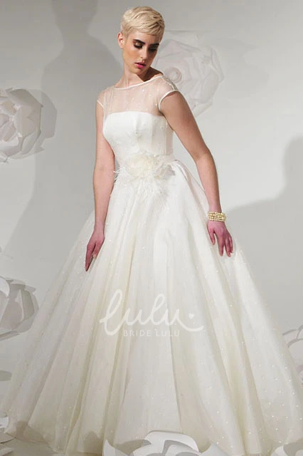 Illusion Flower Tulle Wedding Dress Ball Gown with Bateau-Neckline