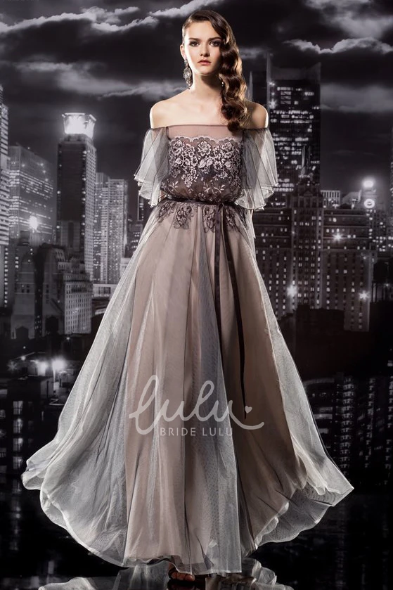Off-The-Shoulder Tulle Prom Dress with Short Sleeves Illusion and Pleated Appliques