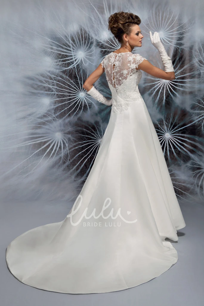 Jewel-Neck Cap-Sleeve Satin A-Line Wedding Dress with Illusion and Elegant Design