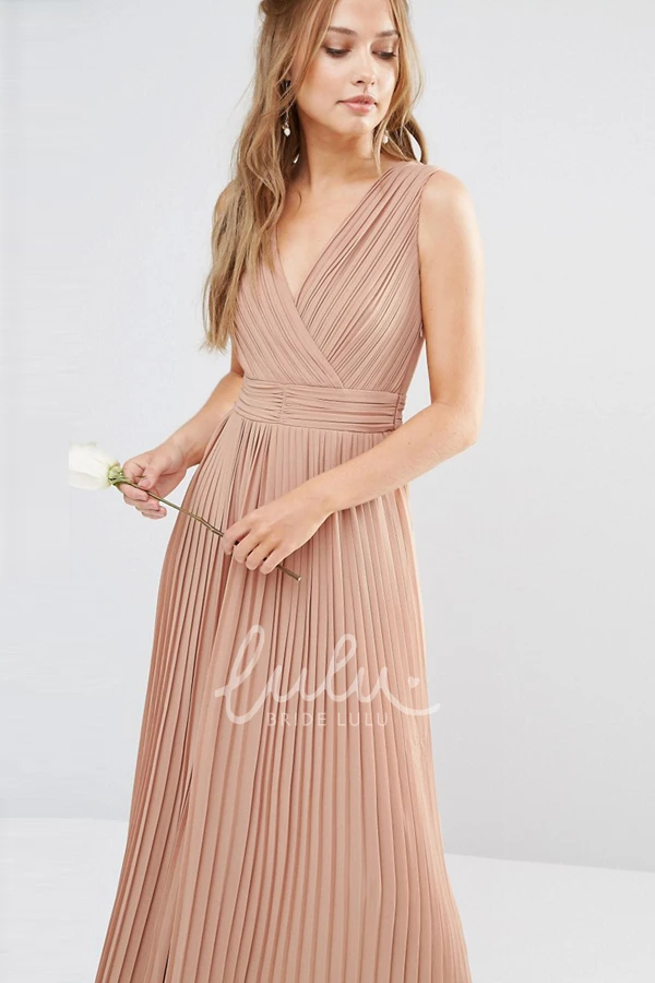 Pleated V-Neck Chiffon Bridesmaid Dress with Split Front Sleeveless