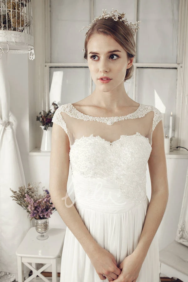 Cap-Sleeve Chiffon Beaded Illusion Wedding Dress
