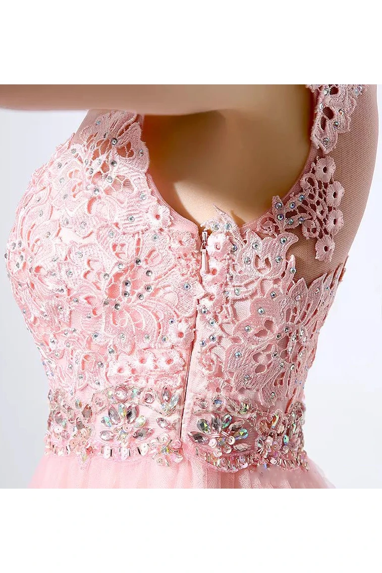 A-line Lace Tulle Short Mini Homecoming Dress with Beading and Pleats