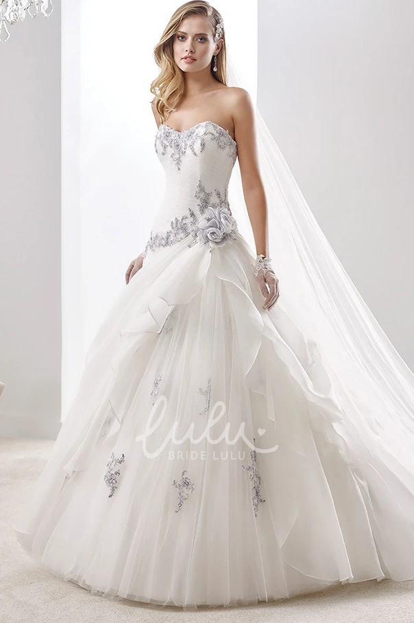 A-line Wedding Gown with Striking Appliques and Asymmetrical Ruffles Overlayer Sweetheart Elegant Modern