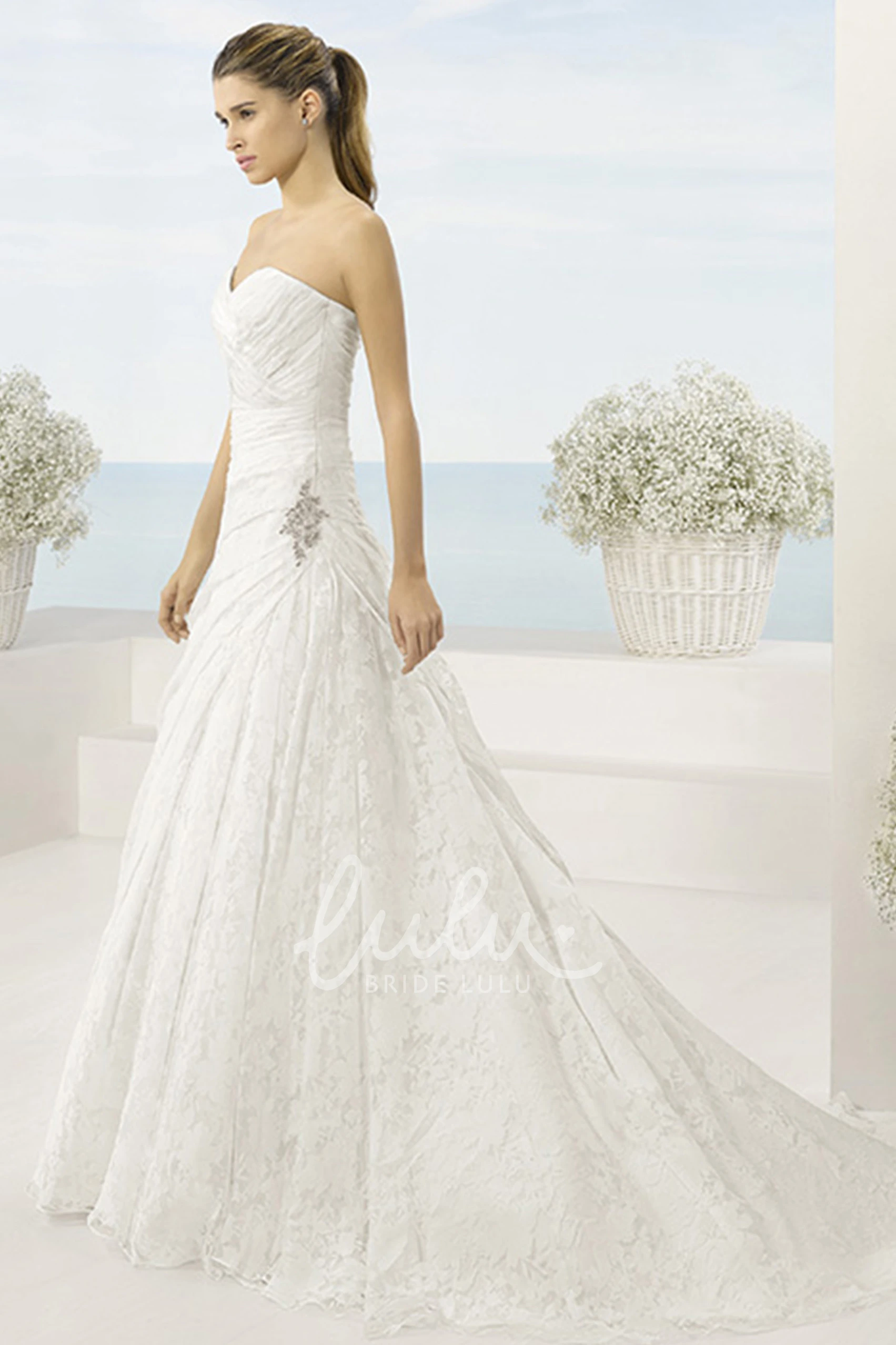 Lace Sweetheart A-Line Wedding Dress with Draping and Broach