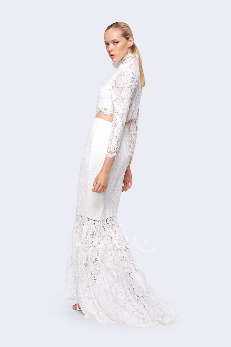 High Neck Sheath Lace Wedding Dress with Long Sleeves in Ankle-Length