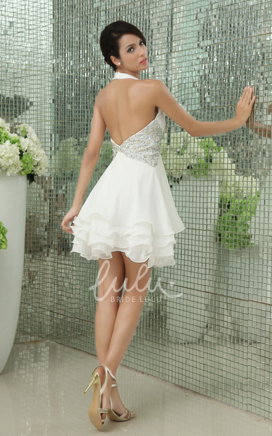 Chiffon Crystal Ruffle Plunged Formal Dress With Hem